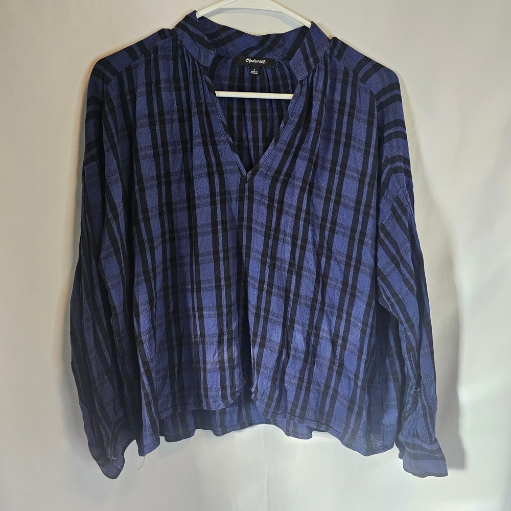 Madewell Plaid Top Long Sleeve Button Cuff V-Neck Blue Black Cotton Blend Shirt